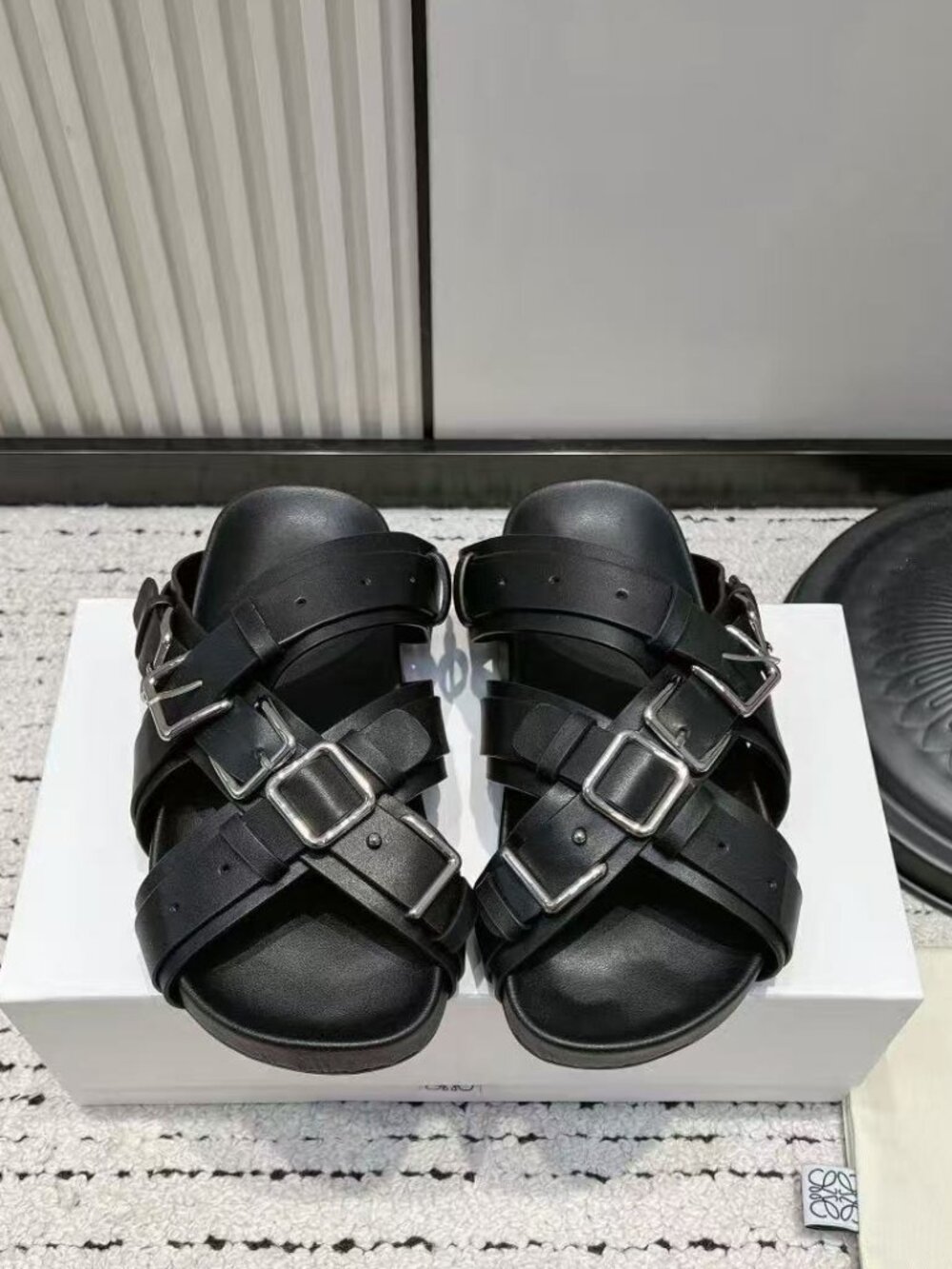 Loewe Black Leather Multi‑Strap Crisscross Buckle Slide Sandals